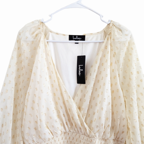 LULU'S All The Cheers Cream and Gold Dotted Smocked Mini Dress Size Large - Picture 6 of 13